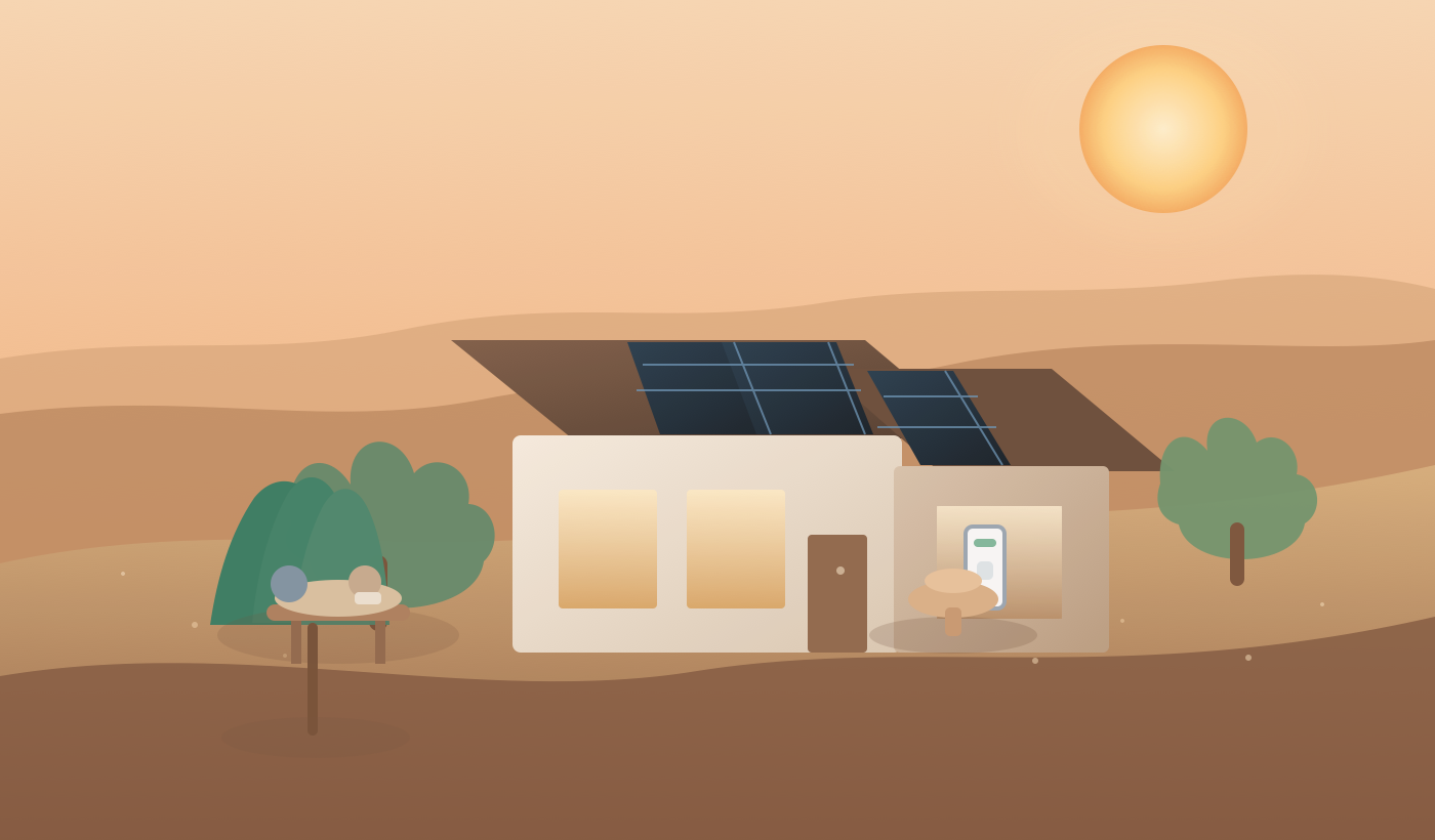 Arizona-style stucco home at sunset with rooftop solar, a wall battery glowing in an open side garage, and a homeowner at a backyard table