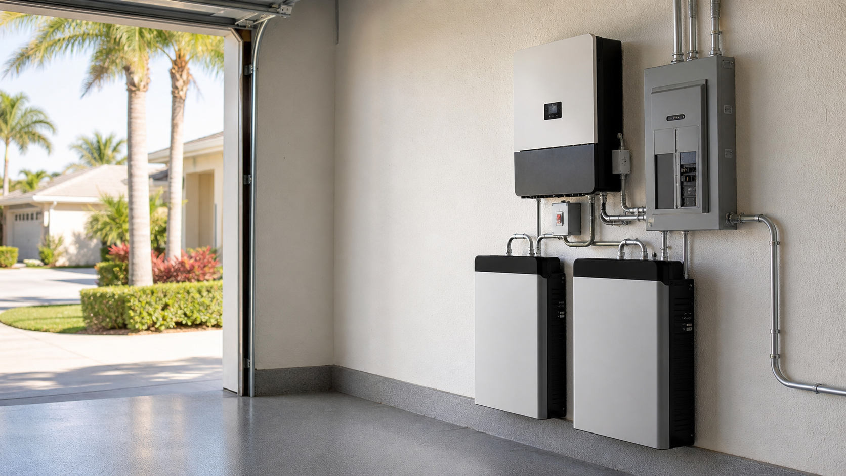 Home battery backup equipment installed in a bright residential garage with palm trees outside