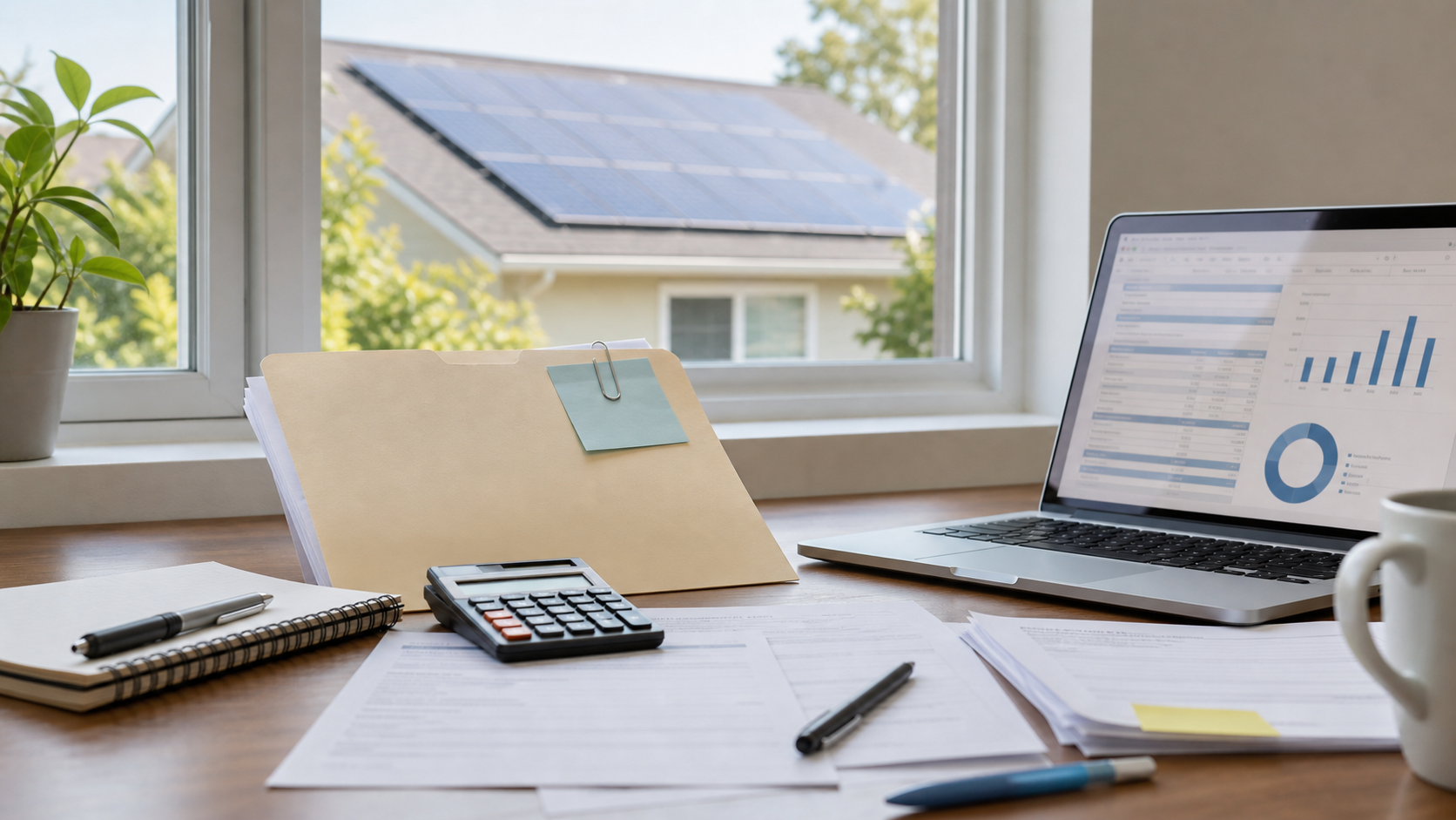 Home office tax planning desk with calculator, documents, laptop charts, and rooftop solar outside