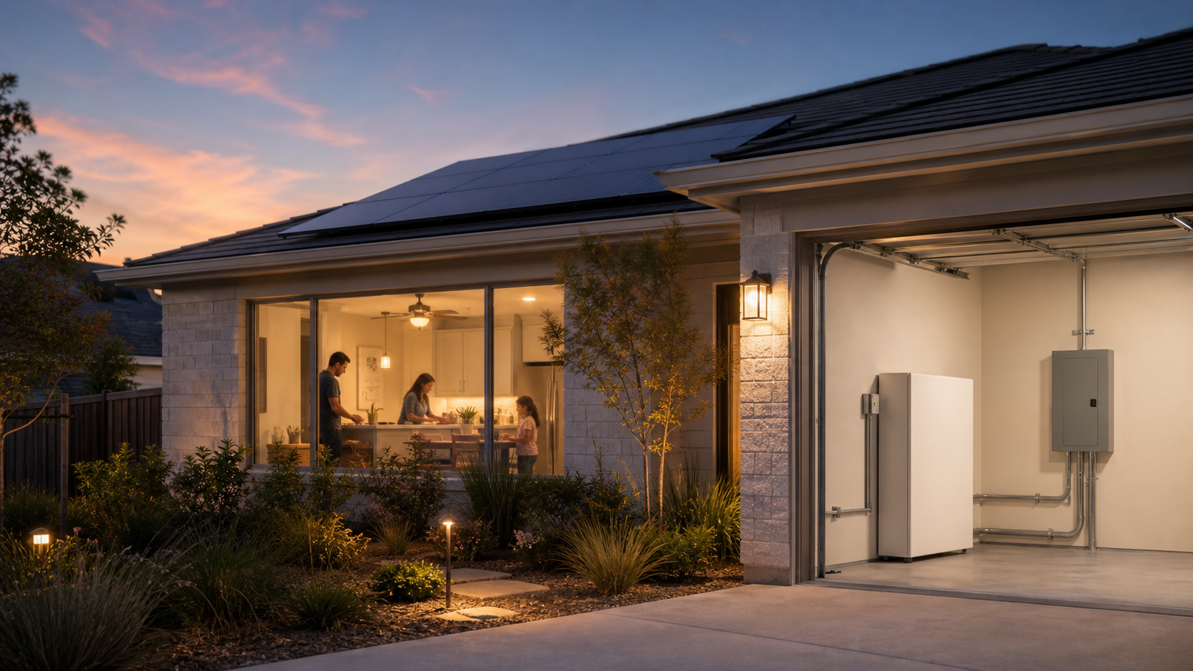 Texas-style solar home at dusk with a wall battery in an open garage and a family using evening lights inside