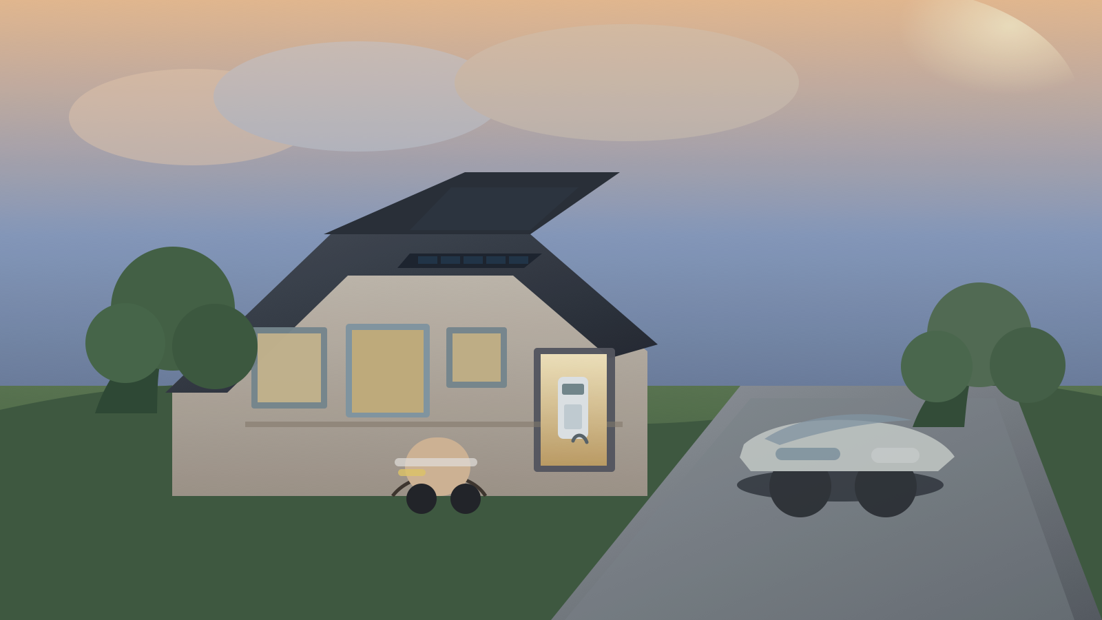 Virginia-style suburban home at dusk with rooftop solar, a wall battery glowing inside an open garage, and an electric car in the driveway