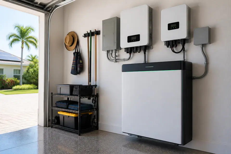 Home battery and solar equipment in a clean garage