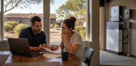 Realistic photo of an Arizona homeowner reviewing a home battery program at a kitchen table while a generic home battery unit is visible in the garage