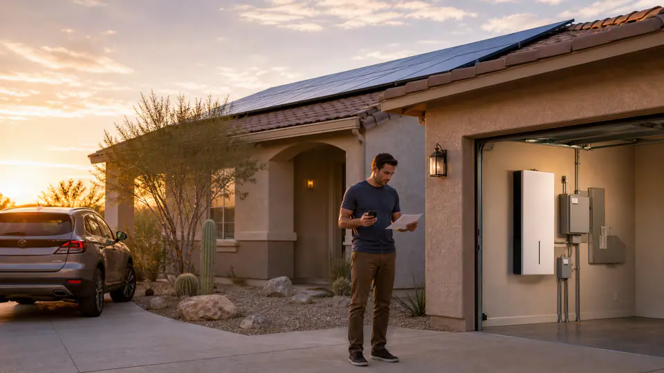 Phoenix-area stucco home with rooftop solar, an open garage, and a wall battery beside a parked SUV at sunset