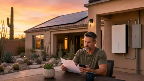 Arizona desert home with rooftop solar, a wall battery, and a homeowner checking home energy settings at sunset