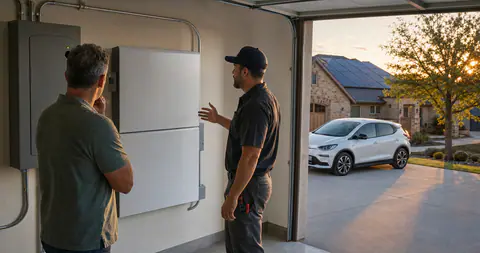 Realistic photo of a Texas homeowner and installer reviewing a new garage battery system while a solar home and parked car sit outside at sunset