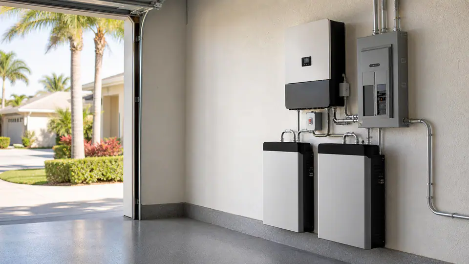Home battery backup equipment installed in a bright residential garage with palm trees outside