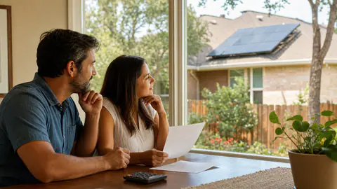 Realistic photo of Texas homeowners at a kitchen table looking at blank power papers, with a home solar roof visible through the window