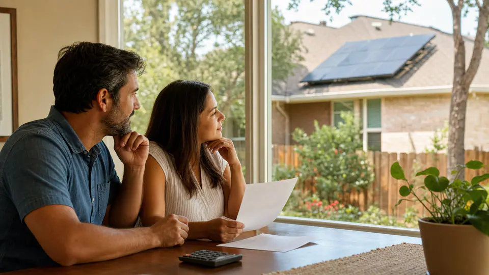 Realistic photo of Texas homeowners at a kitchen table looking at blank power papers, with a home solar roof visible through the window