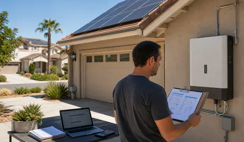California home with rooftop solar, a wall battery, and a homeowner reviewing battery rebate paperwork