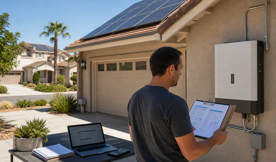 California home with rooftop solar, a wall battery, and a homeowner reviewing battery rebate paperwork