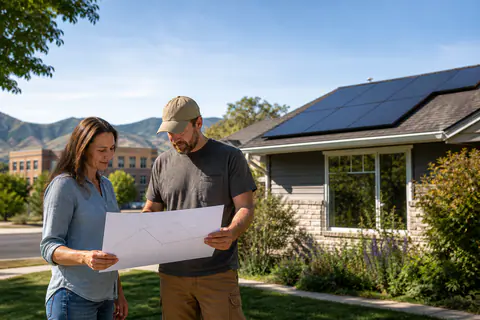 Realistic photo of a Colorado homeowner and solar installer reviewing a blank roof plan beside a solar home