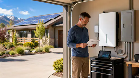 Colorado homeowner checking backup battery rebate papers in a garage beside a solar-powered home