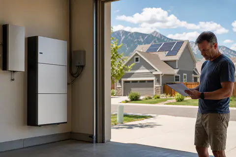 Realistic photo of a homeowner reviewing solar paperwork beside a home battery, with rooftop solar visible outside a garage