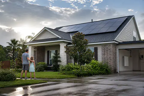 Southeast Texas home with rooftop solar, a wet driveway after rain, and a home battery visible inside an open garage while a parent and child stand near the front walk