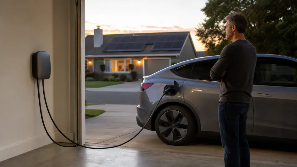 Realistic photo of a homeowner standing by a generic electric car connected to a plain garage charger, with home solar panels visible at sunset