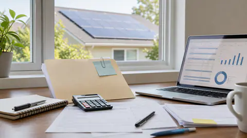 Home office tax planning desk with calculator, documents, laptop charts, and rooftop solar outside