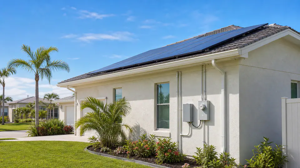 Florida stucco home with rooftop solar panels and utility meter equipment in bright sun