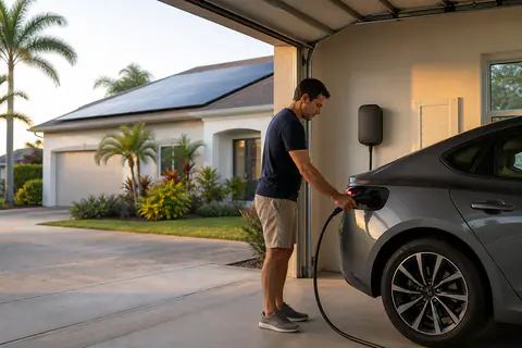 Realistic photo of a Florida homeowner charging an unbranded electric car in a garage while solar panels cover the roof outside