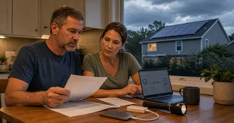 Realistic photo of two homeowners at a kitchen table reviewing a battery quote and power bill beside a laptop, with a solar roof visible outside before a storm