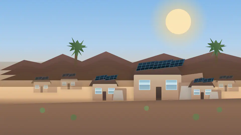 Nevada-style desert neighborhood at sunset with several stucco homes and rooftop solar panels, led by one larger solar home in the foreground