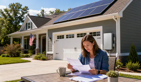 North Carolina-style home with rooftop solar, a wall battery, and a homeowner reviewing battery incentive paperwork