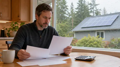 Realistic photo of a homeowner checking blank power papers at a kitchen table during rain, with a solar roof visible through the window