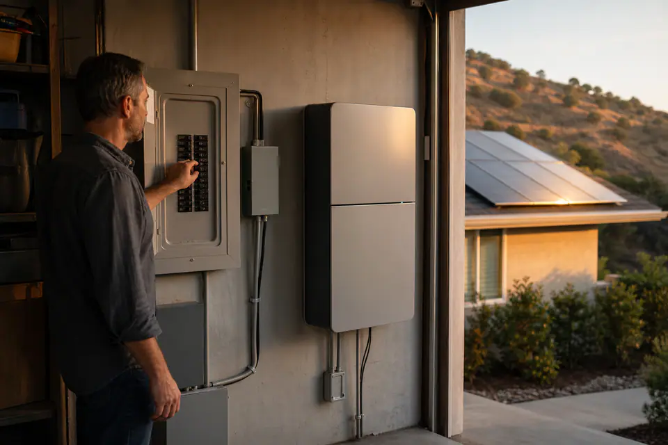 Realistic photo of a California homeowner checking an electrical panel beside a plain home battery, with solar panels outside