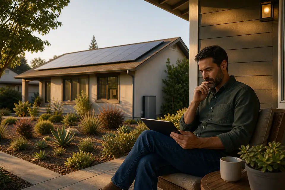 Realistic photo of a Sacramento homeowner on a porch using a tablet while reviewing a home with solar panels and an unbranded battery at sunset