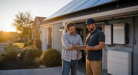 Realistic photo of a homeowner and installer reviewing a new garage battery setup beside a solar home at sunset