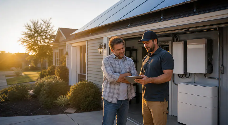 Realistic photo of a homeowner and installer reviewing a new garage battery setup beside a solar home at sunset