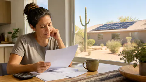 Realistic homeowner in a Phoenix-area kitchen checking a plain power bill while rooftop solar is visible outside