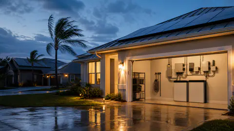 Solar home with warm lights and battery backup visible after a storm at blue hour