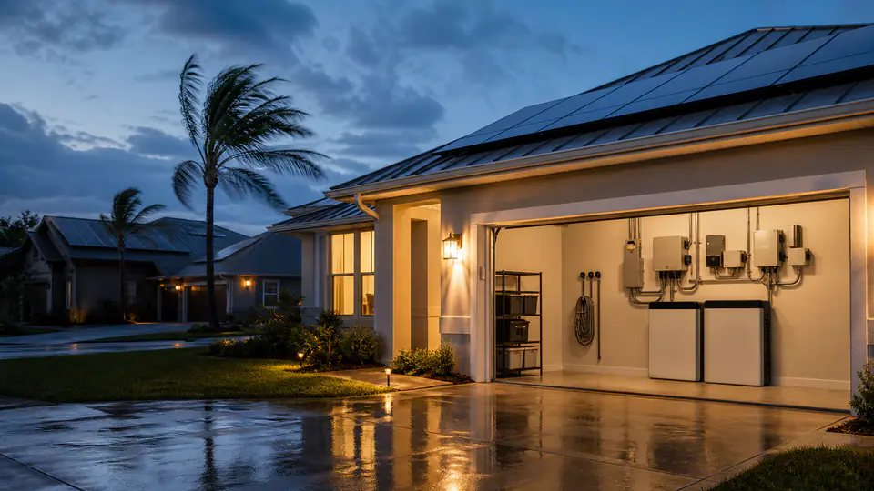 Solar home with warm lights and battery backup visible after a storm at blue hour