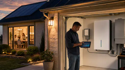 Texas-style solar home at dusk with a wall battery in an open garage and a family using evening lights inside