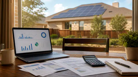 Texas solar home seen from a table with electric bills, calculator, and energy charts