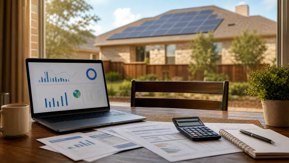 Texas solar home seen from a table with electric bills, calculator, and energy charts