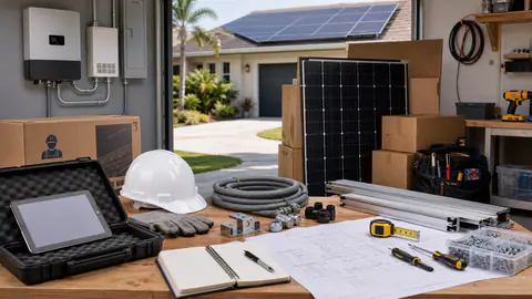 Garage workspace with solar equipment, permit drawings, safety gear, and rooftop panels outside