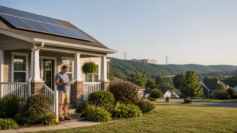 Realistic photo of a homeowner reading a plain power bill outside a solar home, with distant Tennessee Valley hills and utility lines
