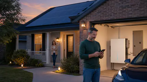 Virginia-style suburban home at dusk with rooftop solar, a wall battery glowing inside an open garage, and an electric car in the driveway
