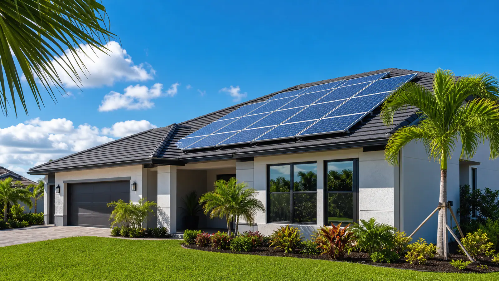 Modern warm-climate home with rooftop solar panels